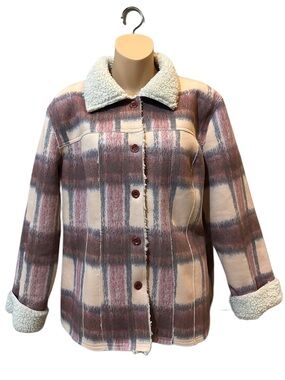 Ethyl Collared Plaid Faux Suede Sherpa Lined Buttoned Up Jacket